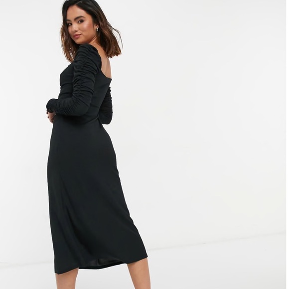 NWT Topshop Black Ribbed Ruched Long Sleeve Midi Dress. Size US 2. Stretchy! - Picture 5 of 15